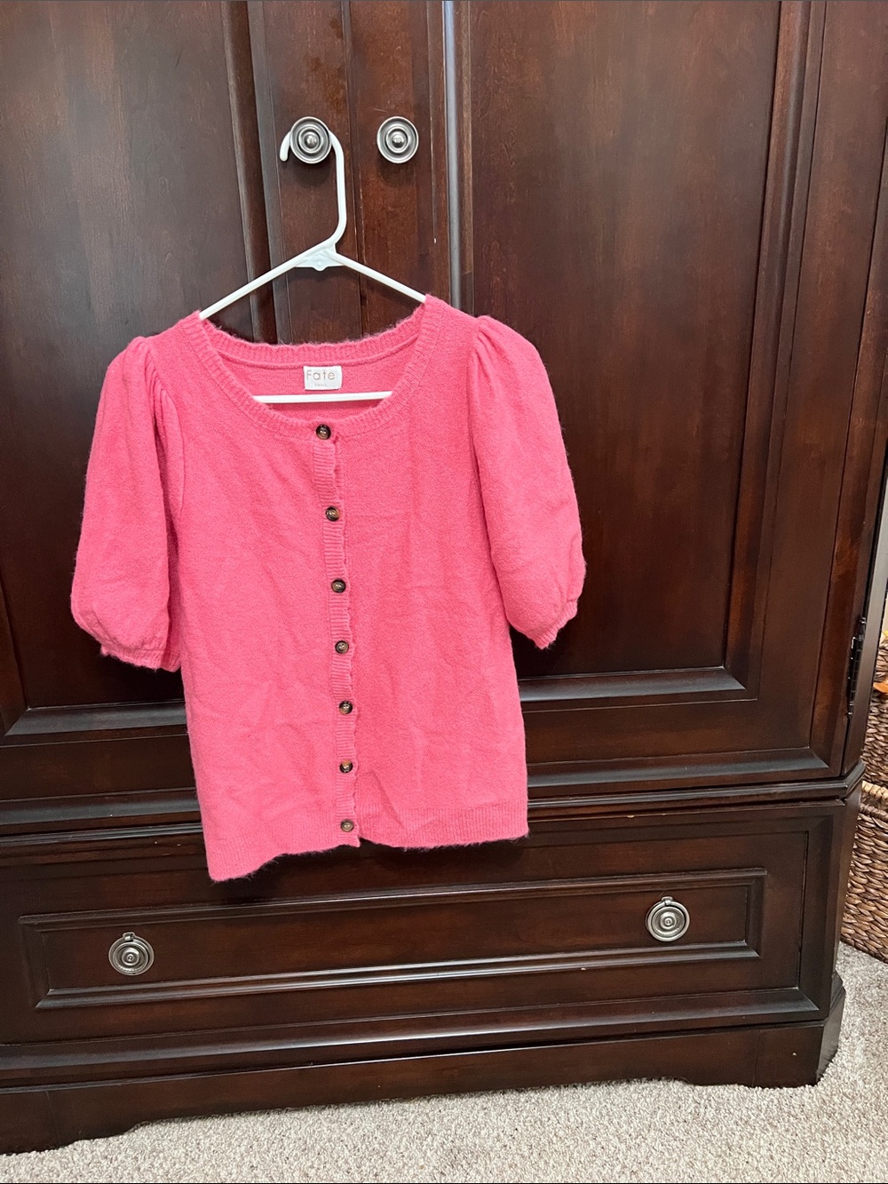 Pink Puff-Sleeve Button-Front Cardigan